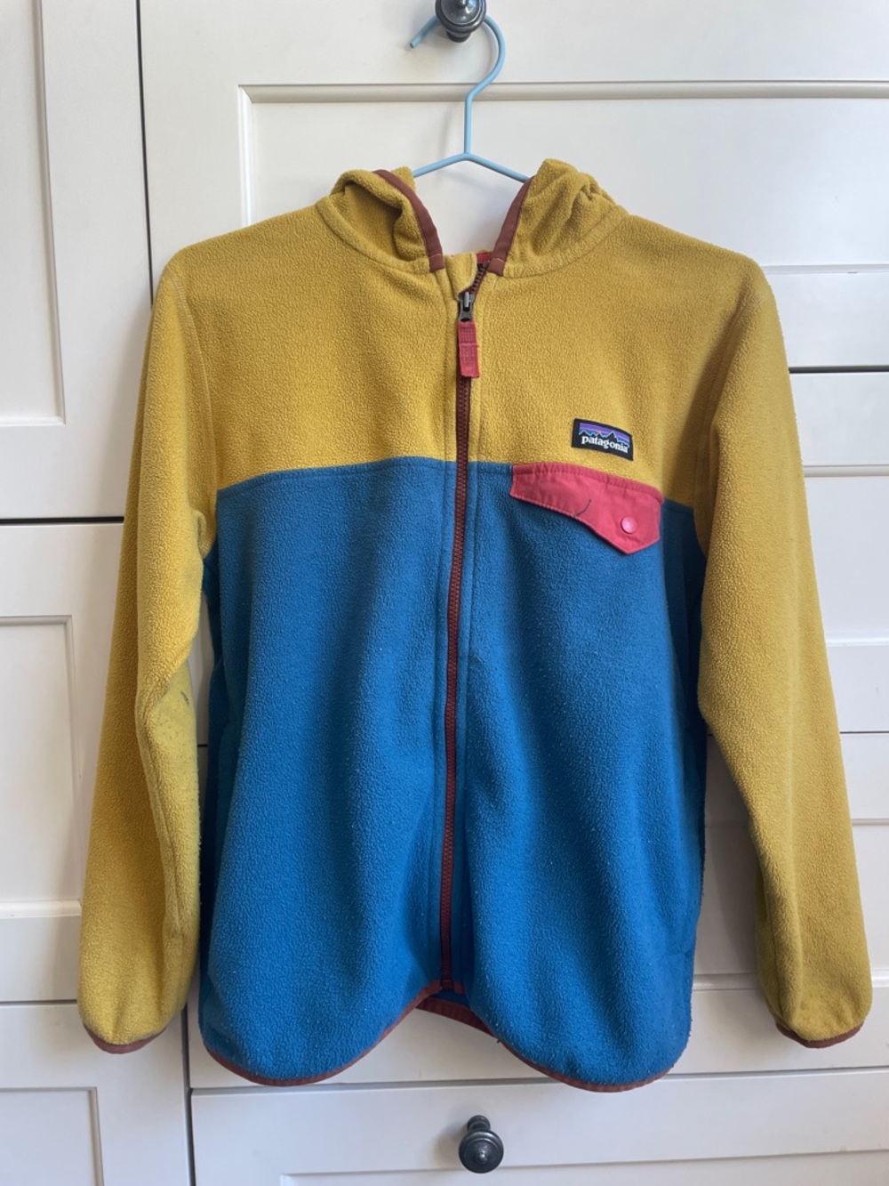 Patagonia Colorblock Fleece Hoodie in Mustard, Blue & Pink Accent